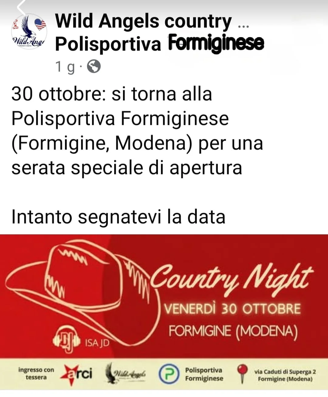 Wild Angels presenta: Country Night - Evento Polisportiva Formiginese A.P.S. - A.S.D.